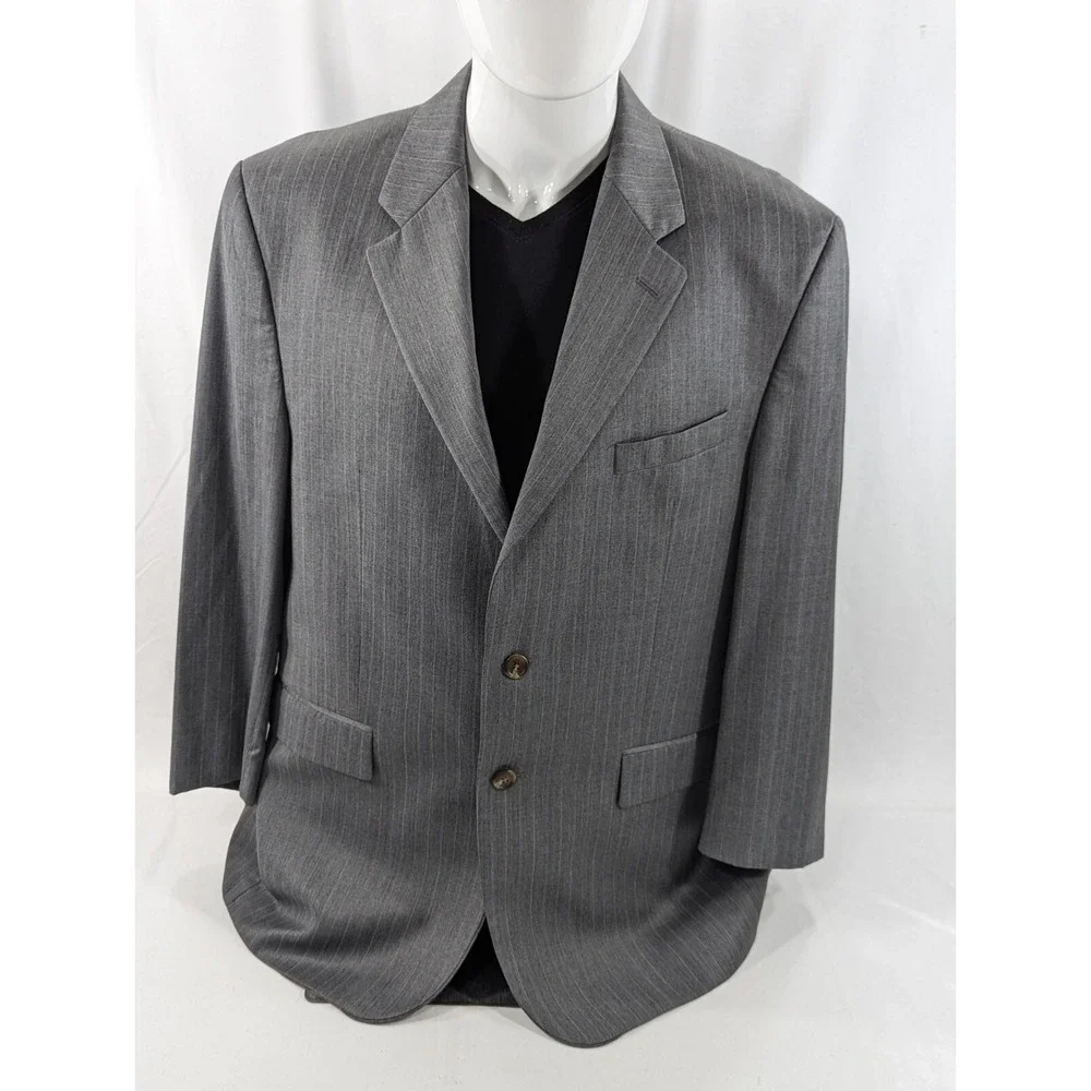 Chaps Ralph Lauren Blazer Suit Jacket Wool Cashmere Gray Pinstripe 44R Big Wide‎